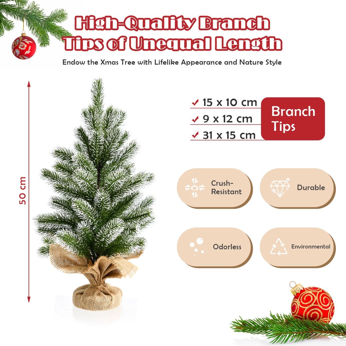 Coast Mini Künstlicher Weihnachtsbaum - Tischplatte mit Zementständer - Leinentuch - 50 cm - Grün mit Weiß