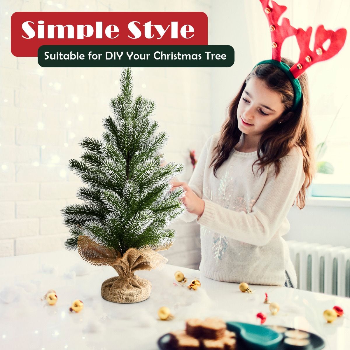 Coast Mini Künstlicher Weihnachtsbaum - Tischplatte mit Zementständer - Leinentuch - 50 cm - Grün mit Weiß