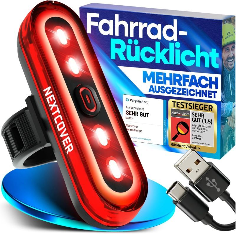 Nextcover Fahrradrücklicht - LED - Bremslicht - USB - 8U Batterie - Schwarz