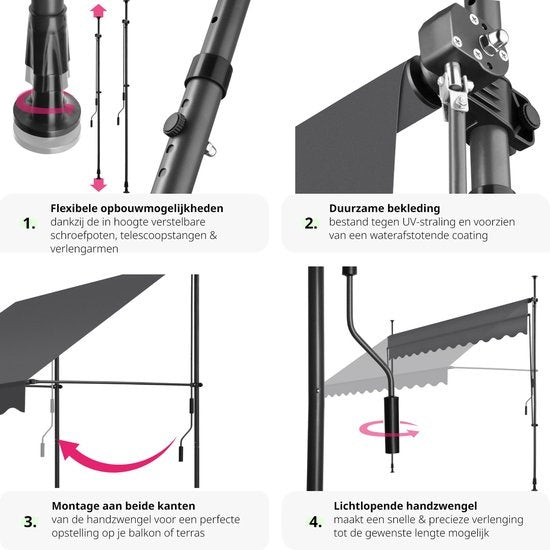 tectake - Klemmmarkise - Sonnenschirm - Markise - Verstellbar - Klemmmarkise - Sonnenschirm Balkon - 300 x 180 cm - schwarz grau - Markise - 404965