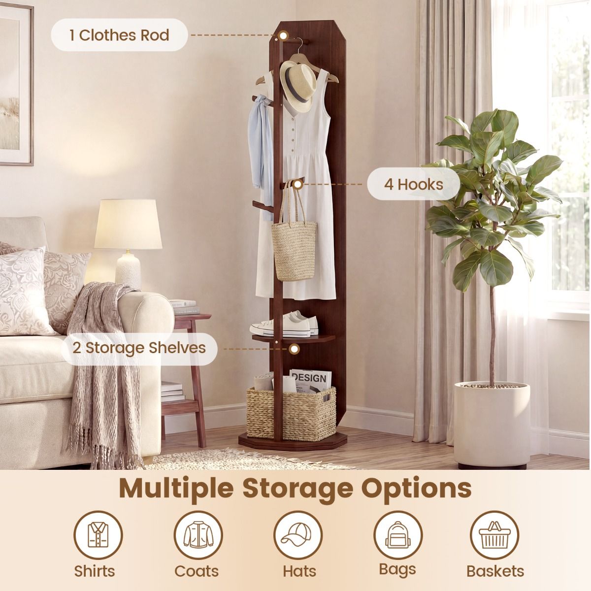 Coast Ganzkörperspiegel mit Ständer – 3-in-1-Garderobe – um 360° drehbar – Walnuss