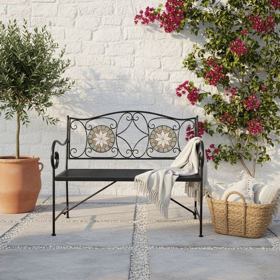AXI Margot Mosaik-Gartenbank „Ster“ – Grau/Braun – Gartenbank aus Metall – 107 x 54 x 92 cm – Gartenbank für 2 Personen – Mosaik-Optik – Mit Keramikfliesen intarsiert – Für Garten, Terrasse und Balkon