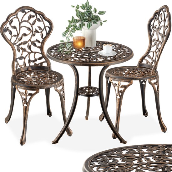 tectake® 2-Personen-Bistro-Set - Vintage Bistro-Tisch mit 2 Bistro-Stühlen - Aluminium-Bistro-Set für Garten, Terrasse oder Balkon - wetterfest - bronzefarben