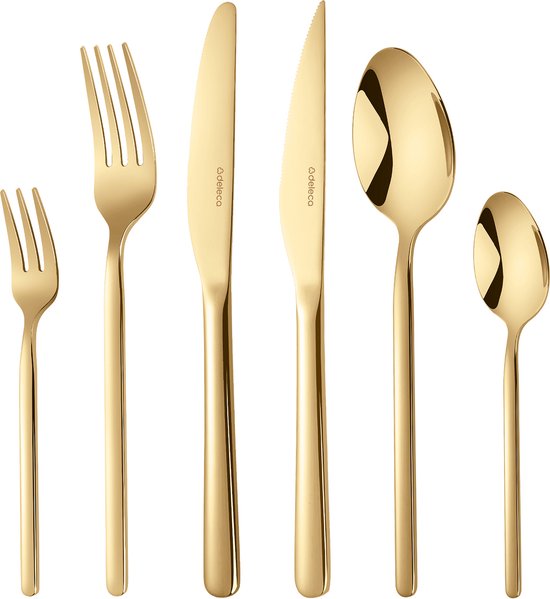 Deleca 6 Personen Luxus-Edelstahl-Besteck-Set Amor (36 Teile) - Löffel, Messer, Gabeln, Steakmesser & Kuchengabeln - spülmaschinenfest - Gold-Design-Besteck - 18/0 Edelstahl