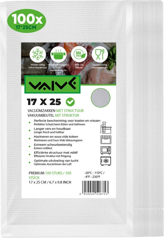 Vaive Vakuumbeutel Lebensmittel 17 x 25 - 100 Stück - Vakuum-/Sous-Vide-Beutel - BPA-frei