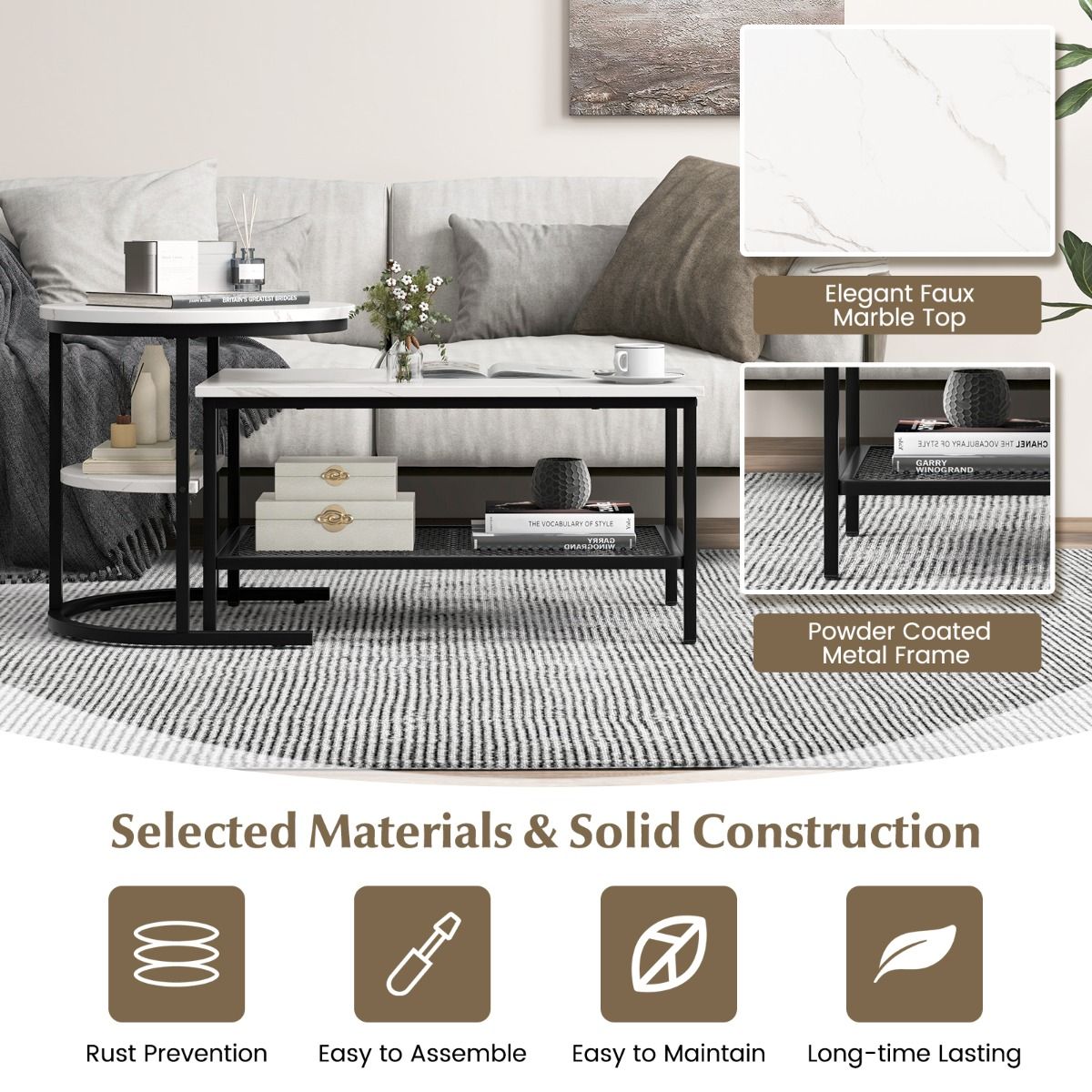 Coast Beistelltisch-Set – Couchtisch und Beistelltisch – Tischplatte in Marmoroptik – schwarz und weiß