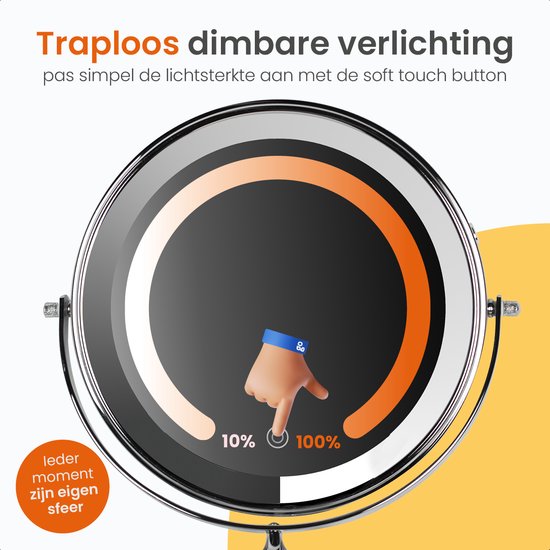 Goliving Make-up-Spiegel mit Beleuchtung - Ø25 cm - 10-fache Vergrößerung - Dimmbarer Make-up-Spiegel - Rasierspiegel - LED-Beleuchtung - USB-C aufladbar - Doppelseitig - 27 x 27 cm - Chrom