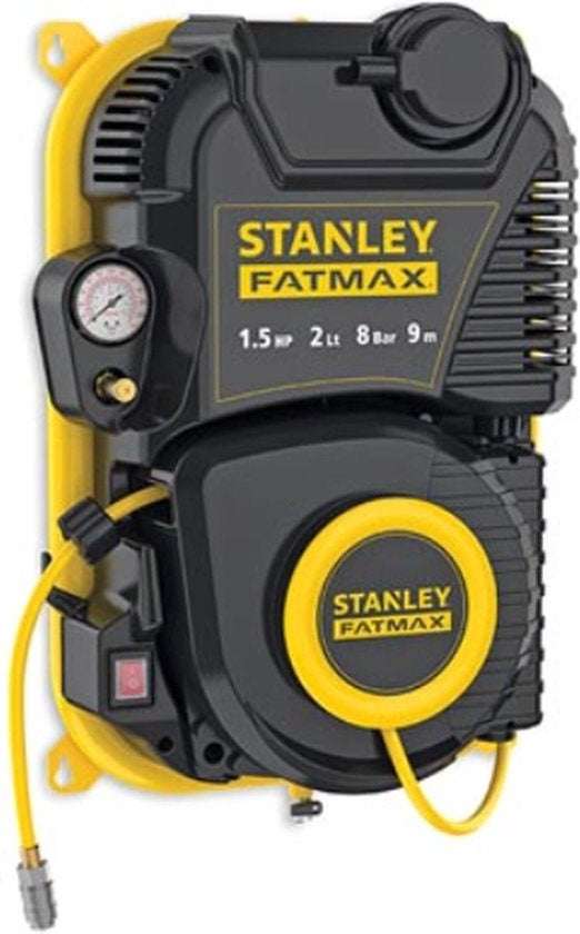 Stanley Fatmax Compressor, ölfreier Luftkompressor mit selbstaufrollender Kabeltrommel, Wandmontage, 1,5 PS, 8 bar, Tankinhalt 2 L