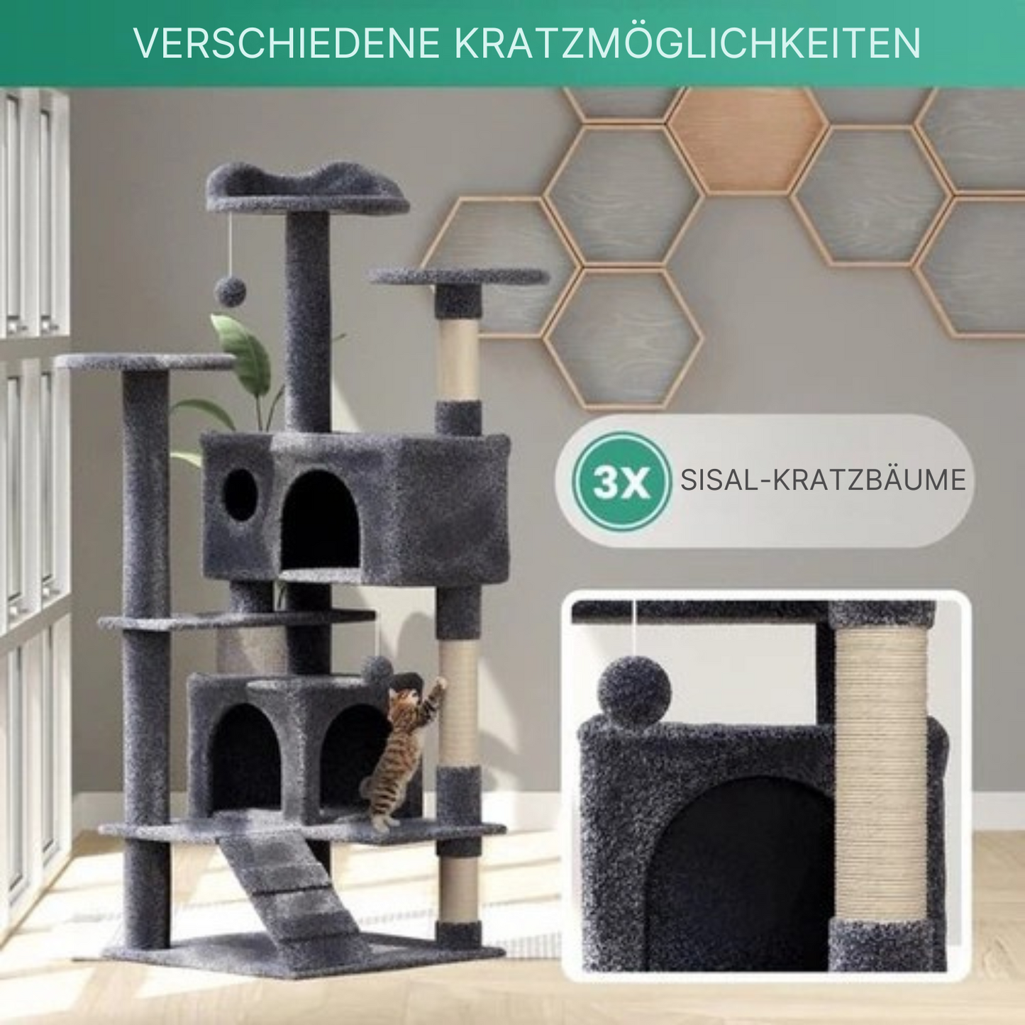Avalo - Katzenkratzbaum - mit 7 Ebenen - 137x50x50 CM - Kratzbaum für große Katzen - Dunkelgrau