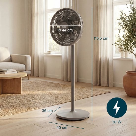 Princess DC Standventilator – besonders leise – ⌀44 cm – 12 Geschwindigkeitsstufen – Schwenkfunktion – Timer 1–8 Stunden – mit Fernbedienung – 30 W – grau – 354822
