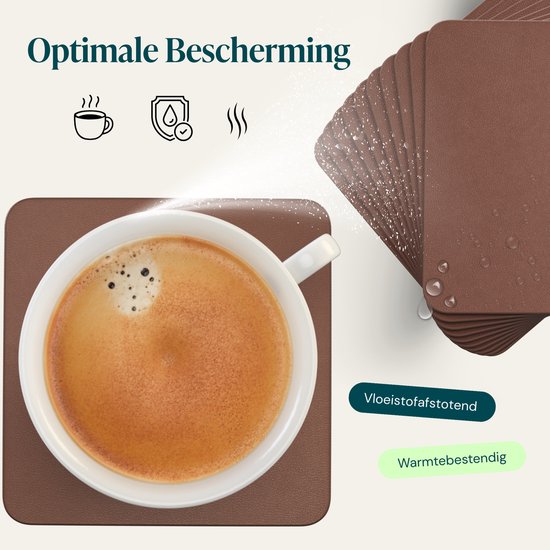 Castagnola Untersetzer aus Kunstleder – Untersetzer für Gläser – Design-Untersetzer mit Halter – Untersetzer-Set aus Kunstleder mit Metallhalter – Leder – 10er-Set – Braun – 10 x 10 cm