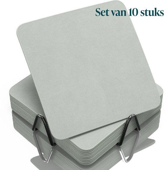 Castagnola Untersetzer aus Kunstleder – Untersetzer für Gläser – Design-Untersetzer mit Halter – Untersetzer-Set aus Kunstleder mit Metallhalter – Leder – 10er-Set – Hellgrün – 10 x 10 cm