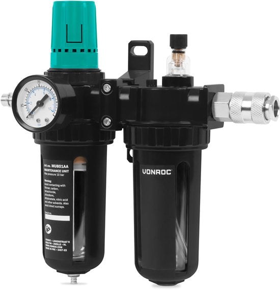 VONROC Luftpflegegerät - Druckluftentfeuchter, Druckregler und Ölzerstäuber - Pflege und Wartung von Druckluftwerkzeugen - 100-300 l/min - 0-10 bar - Universal EU-RO/DIN 7,2mm Kupplung