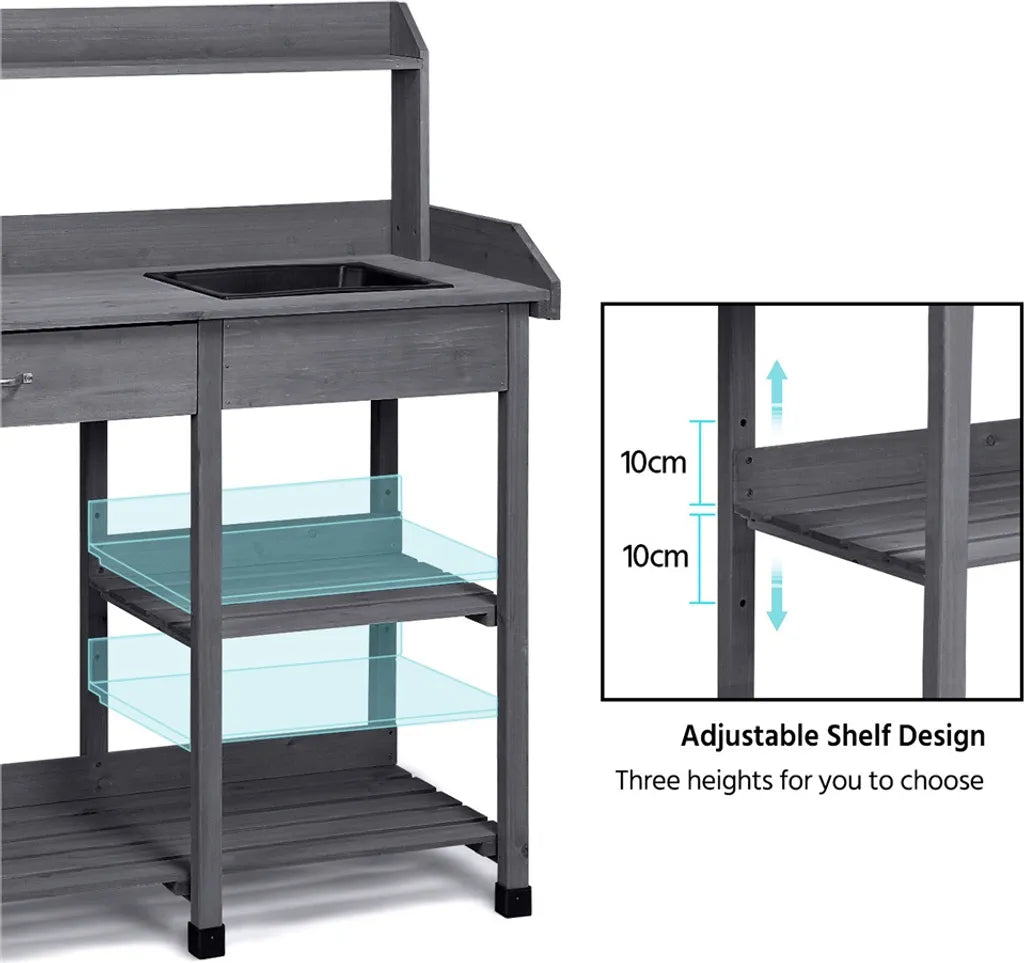 Yaheetech Beistelltisch mit Spülbecken 114,8 x 45 x 121 cm – Grau – Pflanzen-Tisch aus Holz mit Schublade und verstellbarem Regalboden