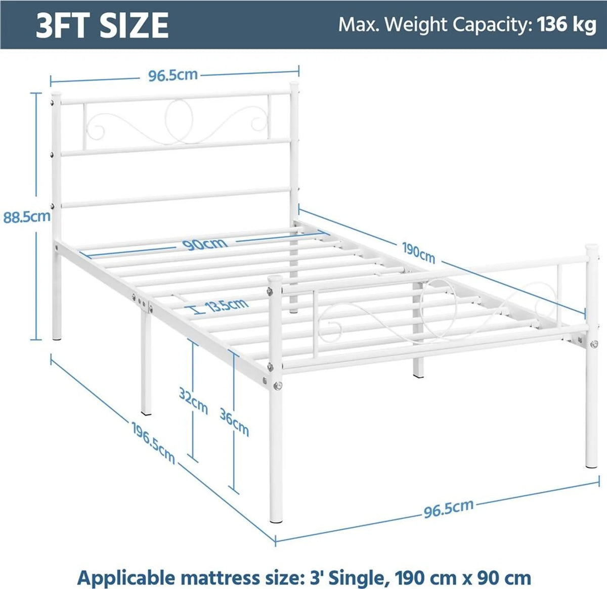 Yaheetech Einzelbett aus Metall mit Lattenrost – 196,5 x 96,5 x 88,5 cm – Weiß