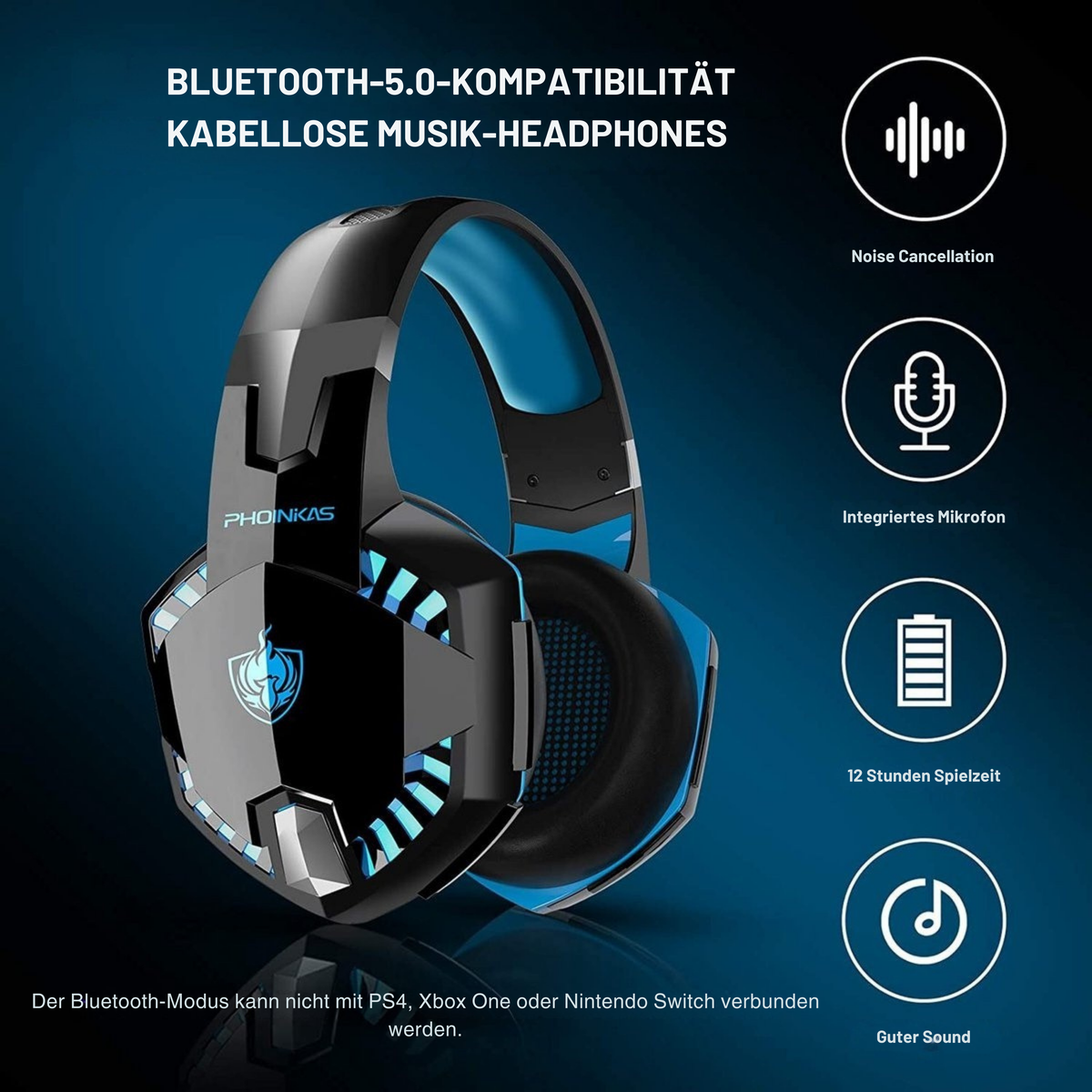 PHOINIKAS Bluetooth Gaming Headset - Mit Mikrofon - G2000 BT - Over-Ear Kopfhörer -Schwarz