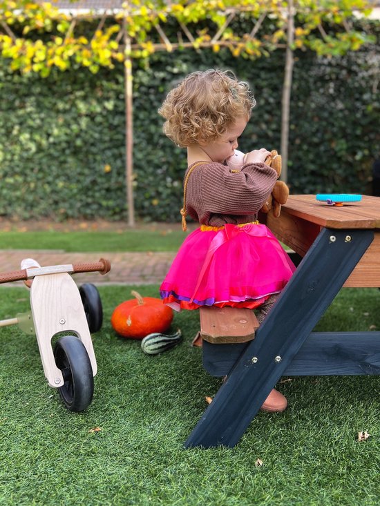 AXI Nick Zand & Water Picknicktisch in Anthrazit/Braun – mit Sonnenschirm in Blau/Weiß – Multifunktionaler Picknicktisch aus FSC-zertifiziertem Holz – Picknicktisch für Kinder aus Holz
