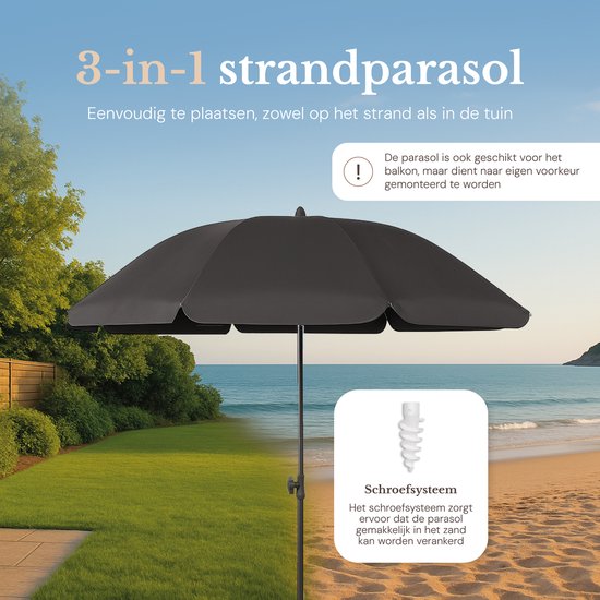 O’DADDY® Sonnenschirm-Set – Neigbar & verstellbar – Wasserdicht – UV-beständig – Mit Erdspieß & Tragetasche – Strand, Garten & Balkon – 180 cm – Dunkelgrau