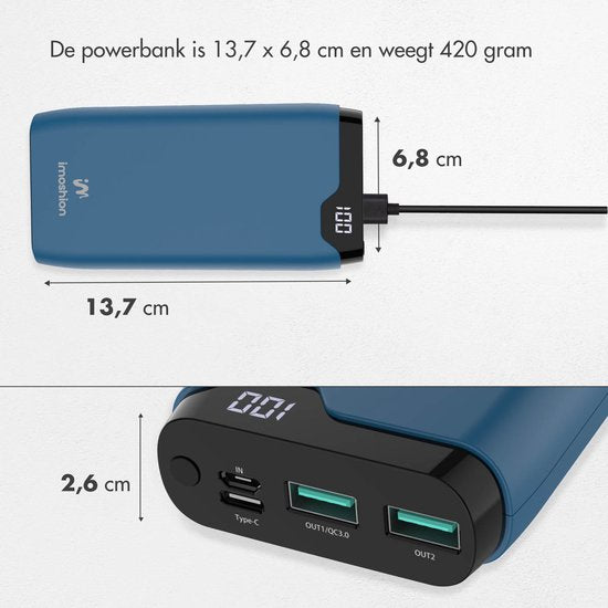 imoshion Powerbank 20000 mAh - Schnellladegerät 22,5W - LED-Anzeige - USB C & USB A - Geeignet u.a. für iPhone und Samsung - Universal - Dunkelblau