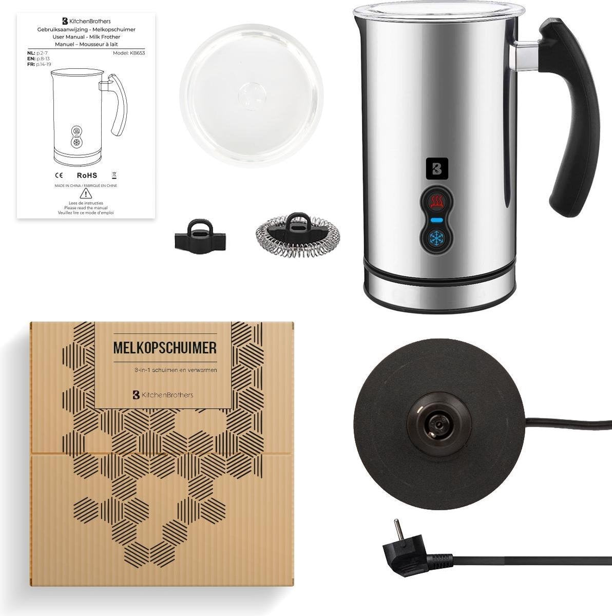 KitchenBrothers Elektrischer Milchaufschäumer - 240 ML - Edelstahl/Schwarz