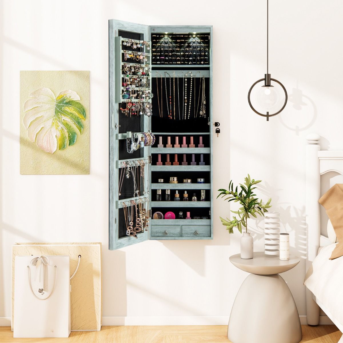 Coast Schmuckschrank mit LED-Beleuchtung – abschließbarer Spiegelschrank – ausklappbares Schminktablett – grün – 120 x 35,5 x 10 cm