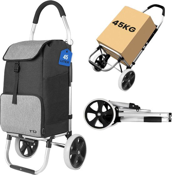 TTD® Einkaufswagen - Faltbares Gestell - 45L - Geräumige Seitentaschen - Wasserdicht - All-Terrain Räder - Schwarz