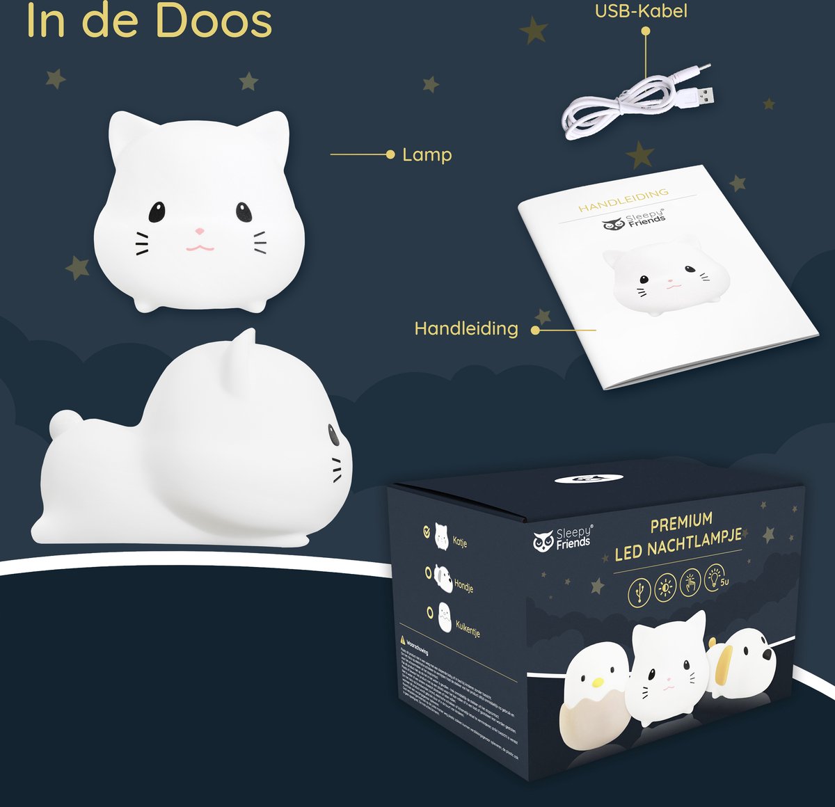 Sleepy Friends Premium Katzen-Nachtlicht Kinderzimmer - USB aufladbar, dimmbar, weich & sicher - 95 x 97 x 100 mm - Grau