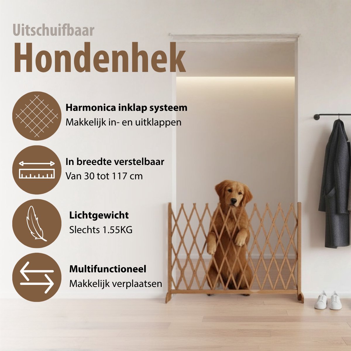 maxxpro - Hundezaun ausziehbar - 30 bis 117 cm - Naturholz - 90 cm Höhe - Für Treppen oder Türen - Sicherheitsgitter & Absperrung - Kompakt & verstellbar