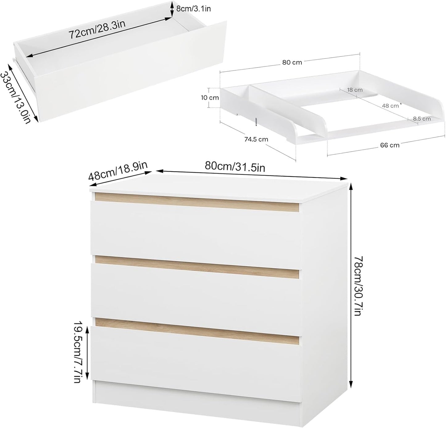 Woltu Wickeltisch mit Wickelaufsatz - 80x48x78 cm - Weiß und Eiche - 3 Schubladen - Ergonomisch 86 cm Arbeitshöhe