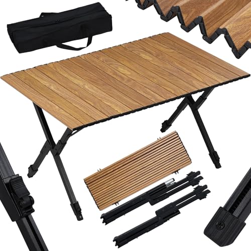 Woltu Faltbarer Campingtisch - Aluminium - Holz - 90 x 60 cm - Höhenverstellbar