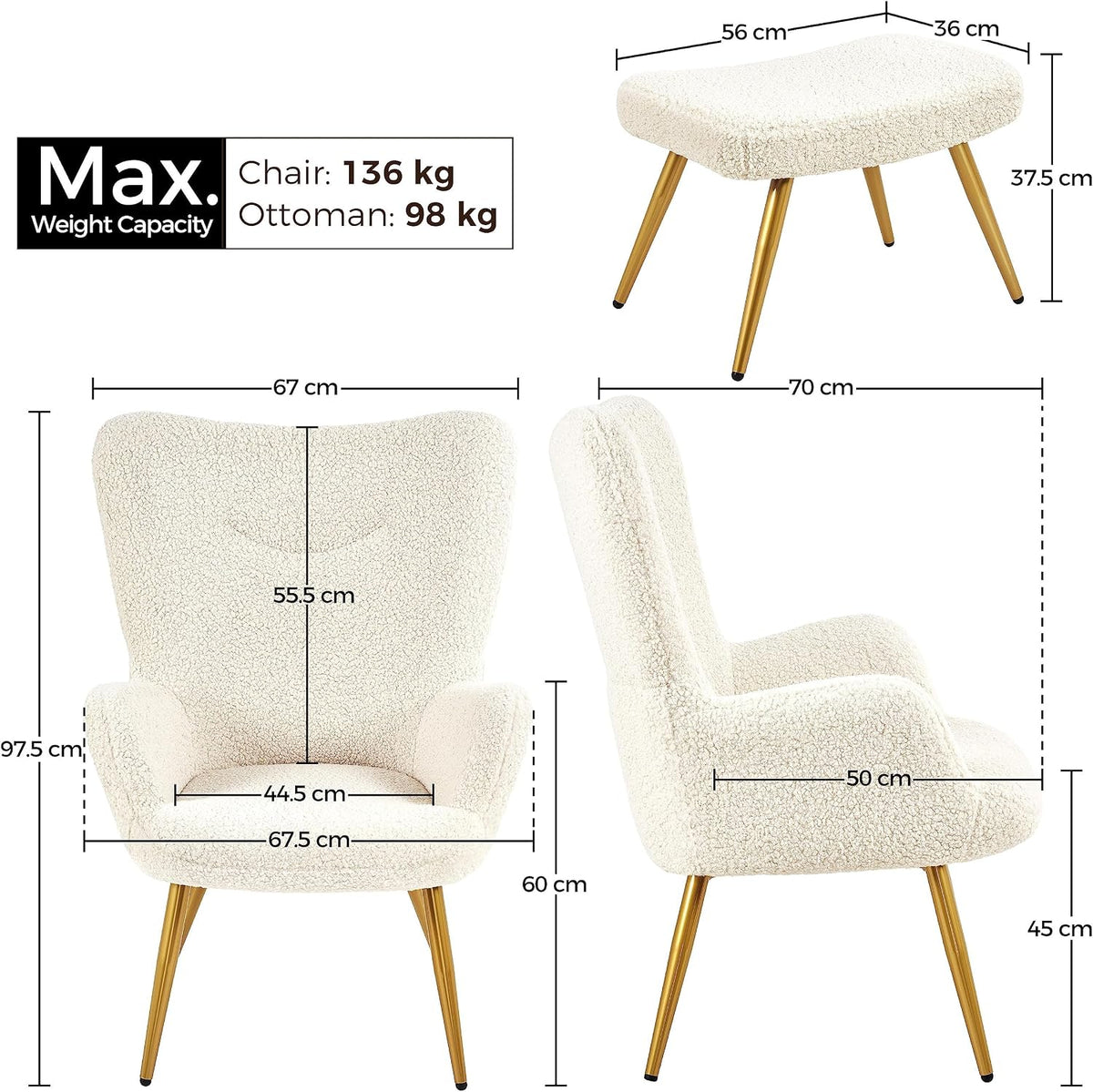 Yaheetech Ohrensessel mit Fußhocker – Teddy-Stoff – Elfenbeinweiß – 67,5 x 70 x 97,5 cm