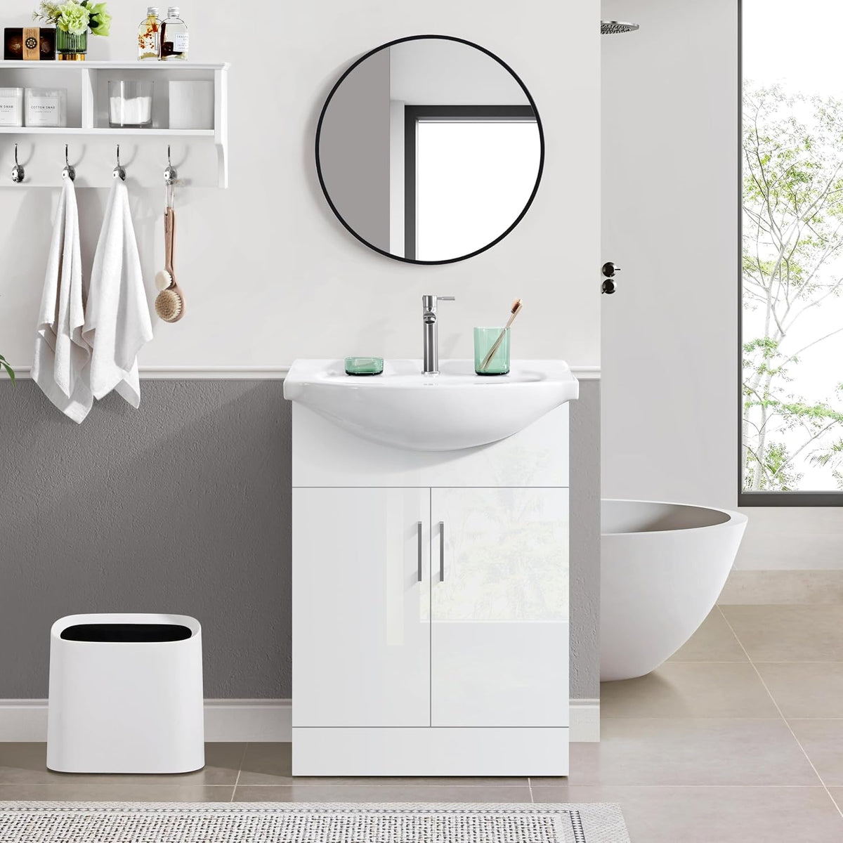 Yaheetech Badezimmerschrank mit Waschbecken – Weiß Hochglanz – 61 x 43,5 x 84 cm – Freistehend, Keramik-Waschbecken