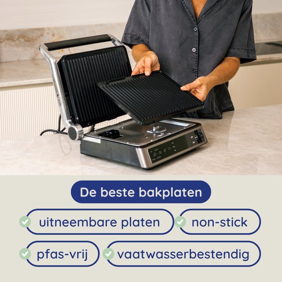 Safecourt Kitchen Kontaktgrill - Panini-Grill und Toasti-Eisen - Abnehmbar - PFAS-freie Platten - Spülmaschinenfest - Groß - Schnelle Hitze (2200W)