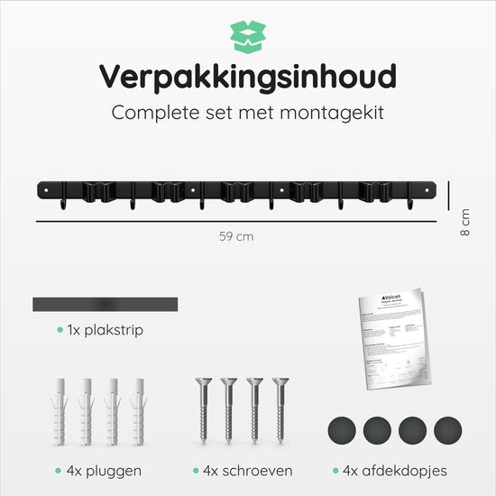 Volcan Besenhalter - Besen Aufhängesystem Gartengeräte - Werkzeughalter - 3M Band - 5 Halter 6 Haken - Edelstahl Schwarz