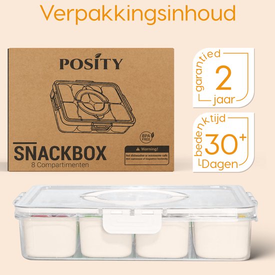 Posity Snack Box - Snack Box mit Fächern - Mit Deckel und Griff - 8 Fächer - Unterwegs - Aufbewahrungsbox - Kunststoff - Weiß