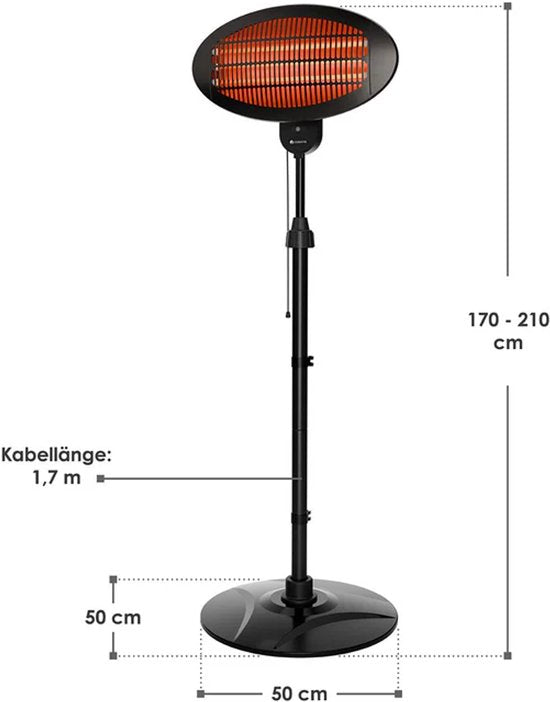 Infrarot-Terrassenstrahler - Standheizung - 3 Heizstufen - 2000W - IP34 geschützt - Für Balkon, Garten & Wintergarten - Schwarz
