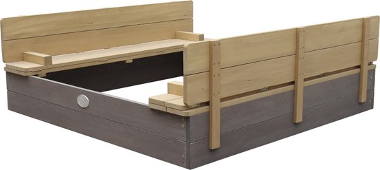 AXI Ella XL Holzsandkasten in Grau/Braun – mit Sitzbänken und Abdeckung – FSC-Holz – 120 x 120 x 20 cm – Sandkasten für Kinder