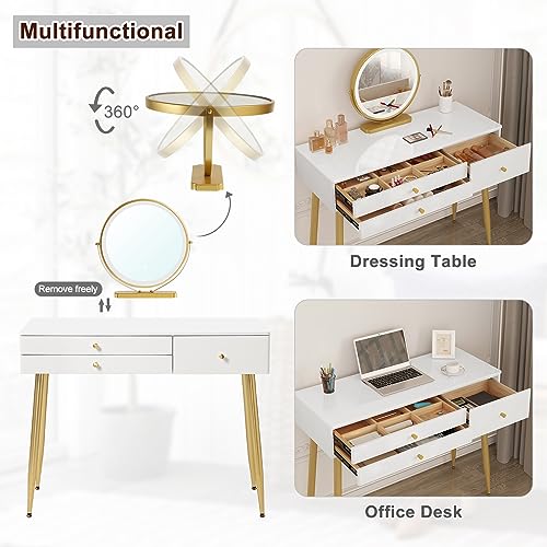 Woltu Schminktisch MB6105ws mit Hocker und LED-Spiegel - Schminktisch aus Holz mit verstellbarer Beleuchtung, 3 Schubladen, Samtsitz mit Rückenlehne - Weiß, Creme und Gold - 100x40 cm