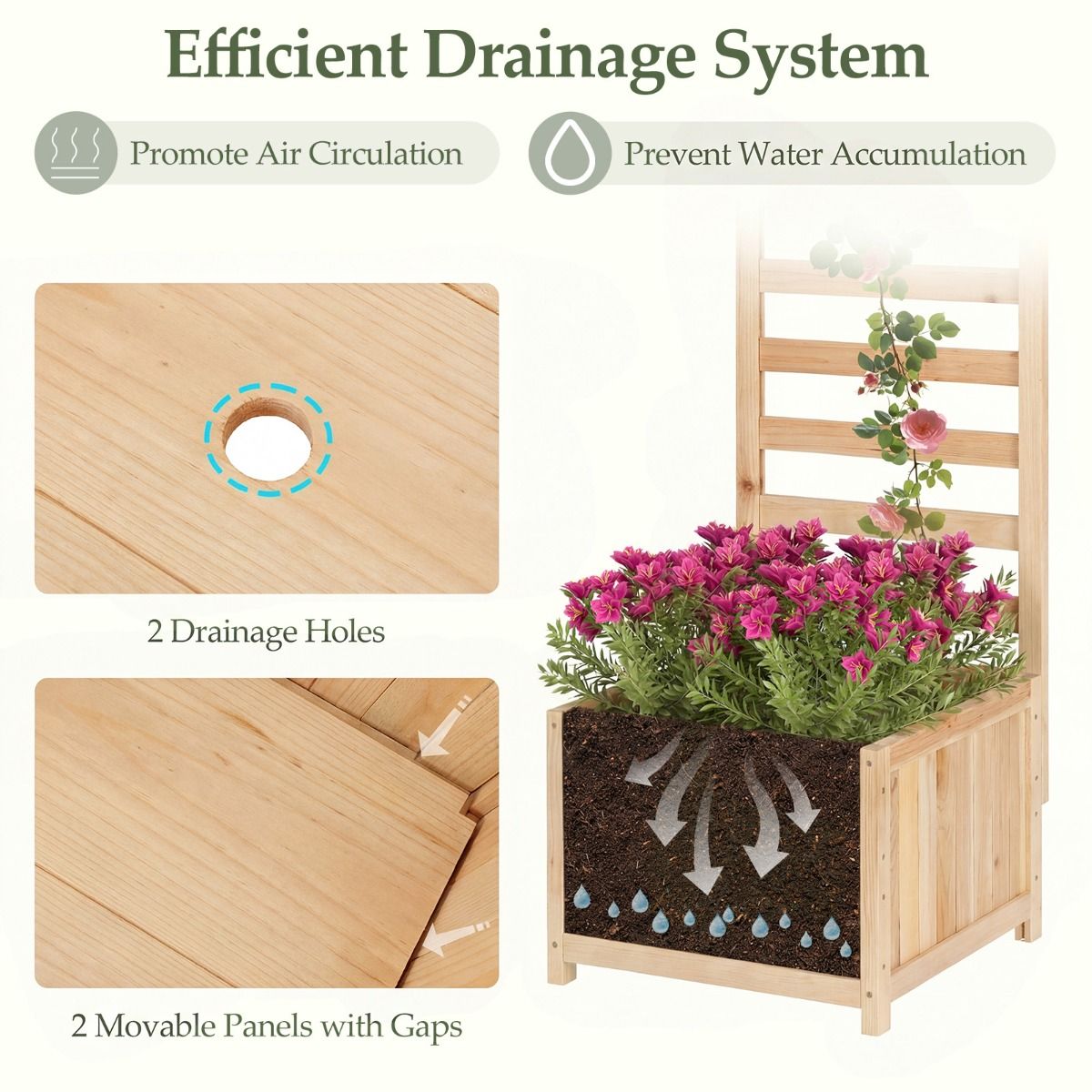 Coast Hochbeet aus Holz mit Klettergitter – mit Abflusslöchern – verstellbare Seitenteile – naturfarben – 123 cm