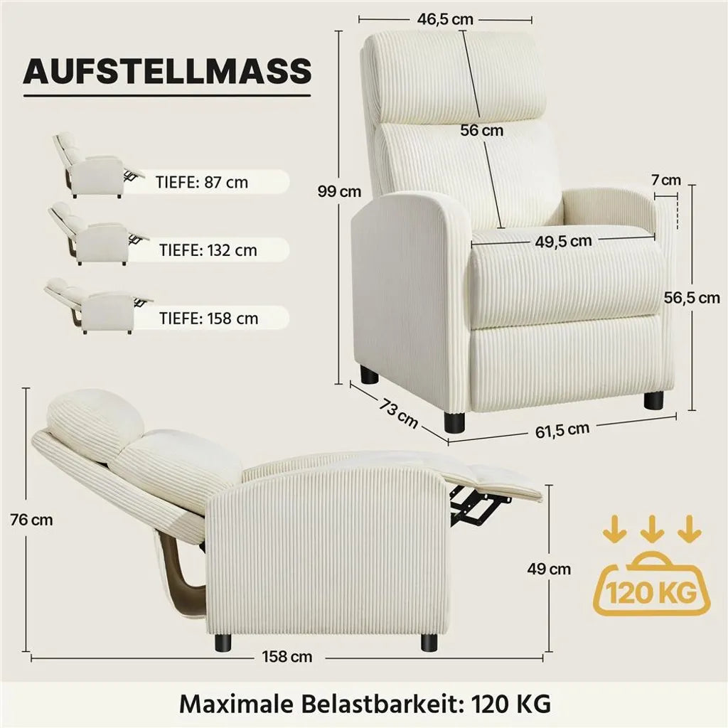 Yaheetech Relaxsessel aus Cord mit verstellbarer Fußstütze – Beige – 61,5 x 87 x 99 cm – max. 120 kg