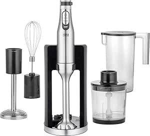 LEBENLANG Stabmixer-Set - 5-in-1 Küchenhelfer - Inkl. Zerkleinerer, Schneebesen, Kartoffelrührer, Messbecher & Aufsatzständer - Edelstahl