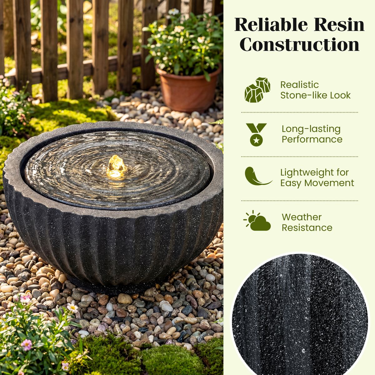 Coast Runder Gartenbrunnen – mit LED-Beleuchtung – Steinoptik – 45 x 45 x 23,5 cm – schwarz
