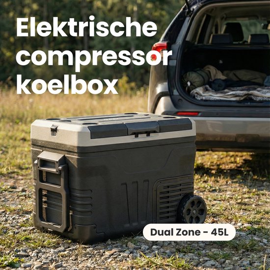 Auronic Electric Cool Box - Kompressor - 2 Zonen - 45L - 12/24V und 240V - Kühlen und Gefrieren - Campingkühlschrank - Frigobox Auto - Mit Rädern und Griff - Schwarz