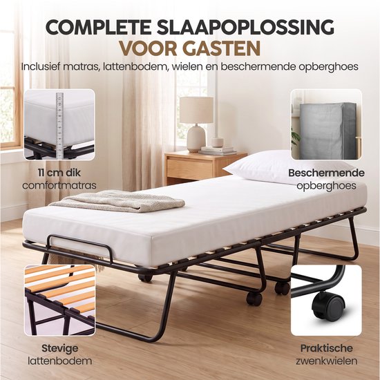 Infinity Goods Klappbett Comfort 90 x 200 cm – Gästebett – Einzelbett – Klappbett – Matratze & Lattenrost – inkl. Schutzbezug