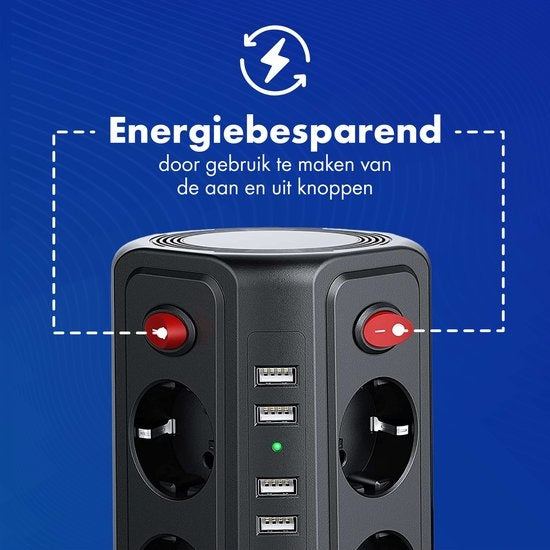 Steckdose mit Schalter und USB - Energiesparende Ein/Aus-Tasten - Power Block - Powercube - Schwarz - 3 Meter Kabel
