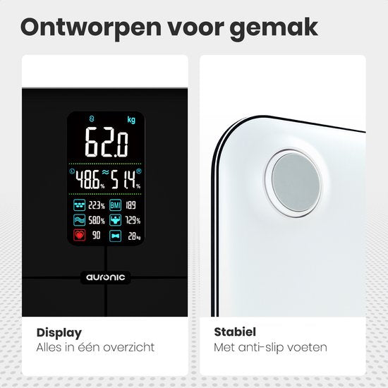 Auronic Personenwaage - Körperanalyse & Fettanteil - Digital - 15 Messungen - Schwarz