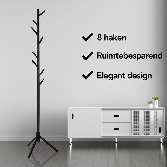 Brixy Garderobe - Stehende Garderobe - 8 Haken - 175 cm - Garderobe Holz - Garderobenständer - Schwarz