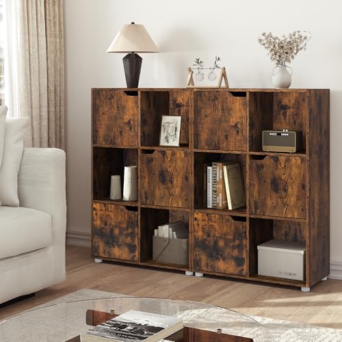 Woltu Bücherregal SK001vbn 6 Fächer mit Türen - Holzschrank Rustikales Braun - 59,7 x 29 x 91 cm