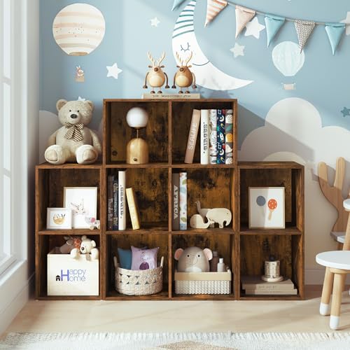 Woltu Bücherregal mit 10 Fächern - Raumteiler und Treppe - Rustikales Braun - 120 x 120 x 30 cm