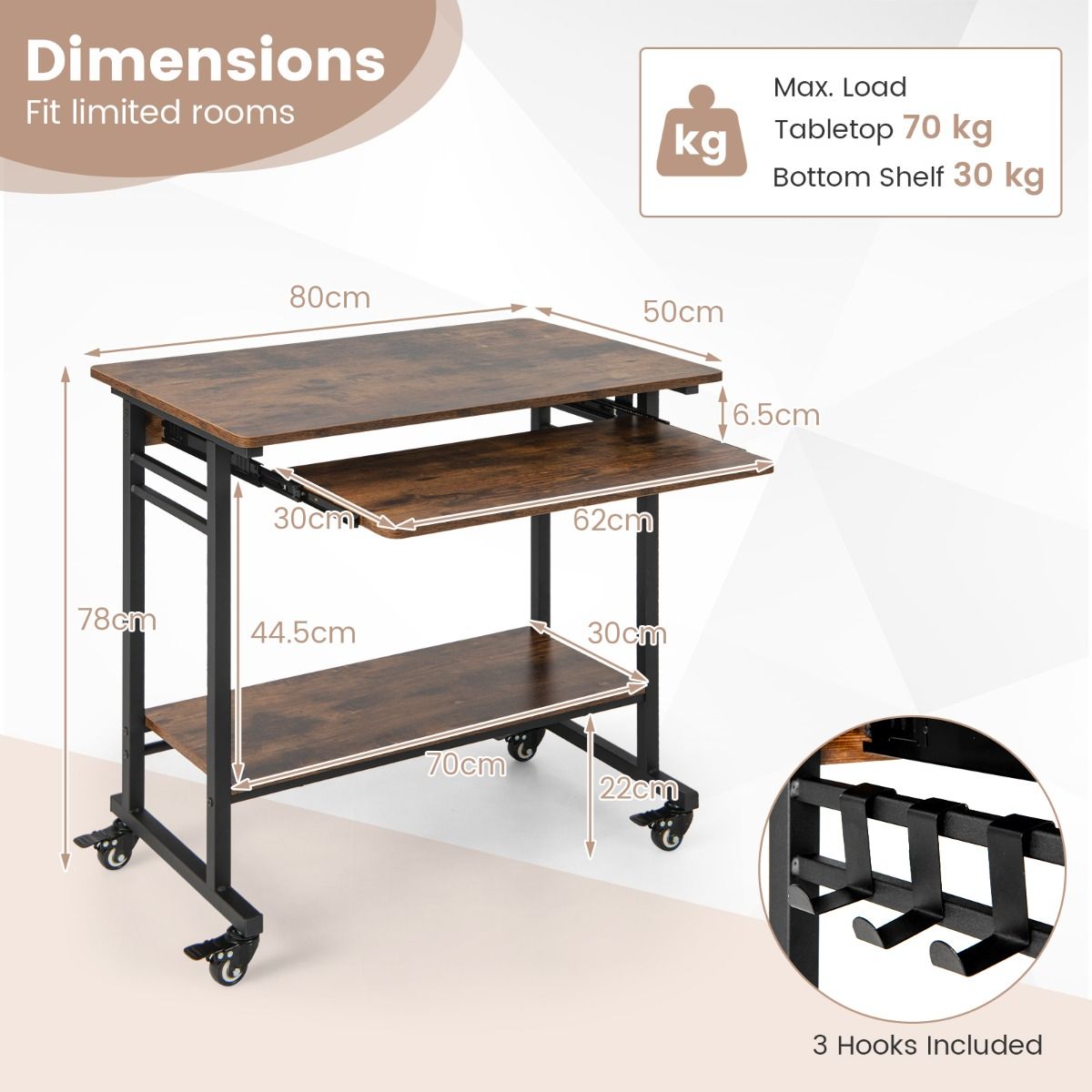 Coast Mobiler Computertisch – ausziehbare Tastaturablage – Ablagefach und Haken – rustikales Braun 80 x 50 x 78 cm